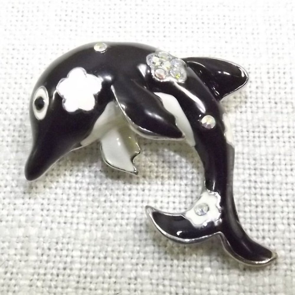 Vintage Enamel Floral Dolphin Pin Brooch